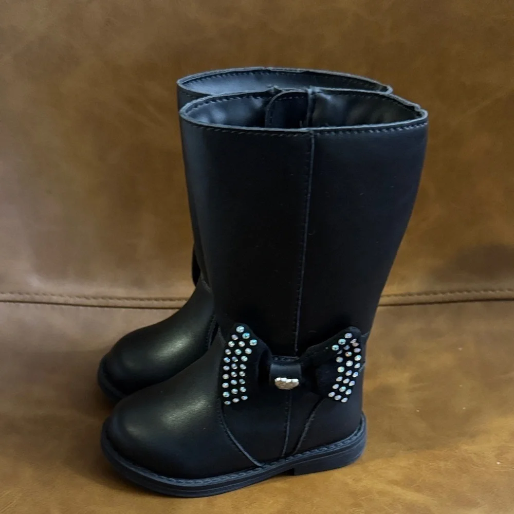 Jessica Simpson Toddler Girl Tall Black Boots with Rhinestone Bow